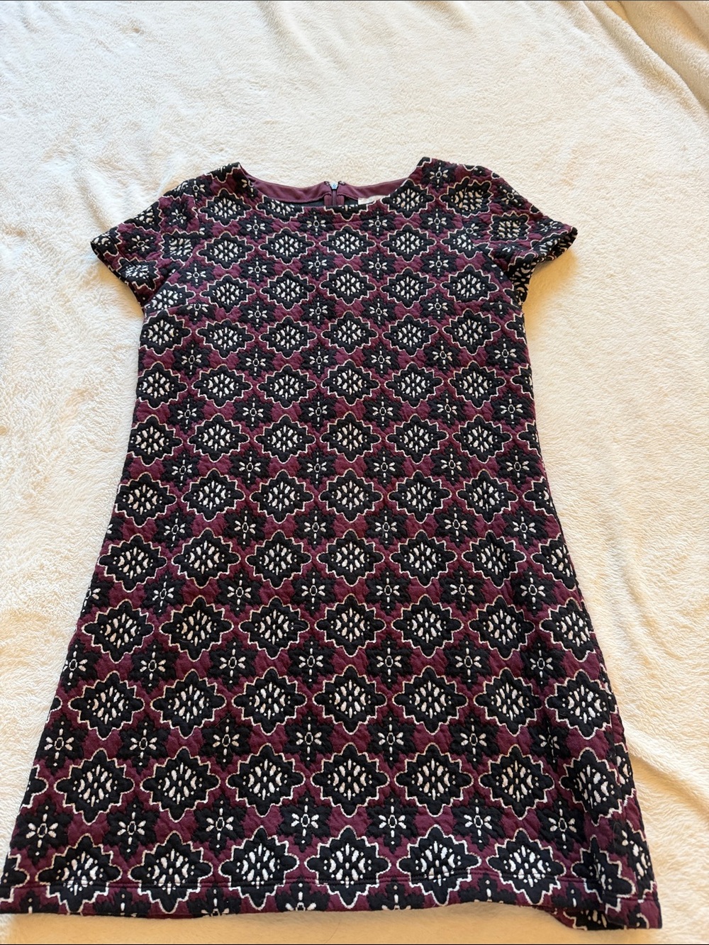 LOFT Plum and Black Geometric Short-Sleeve Dress